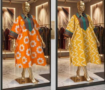 Orange floral and yellow wave batik kaftans