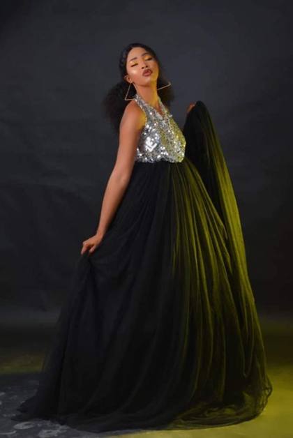 Black tulle gown with sequin halter top