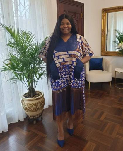 Blue batik fringe kaftan worn