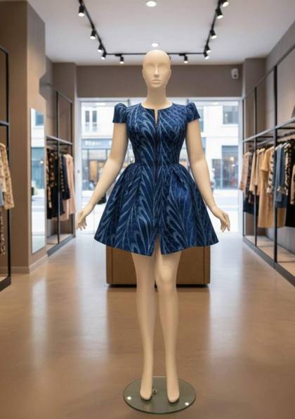 Blue patterned flared dress with zip front