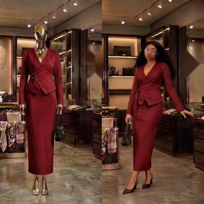 Burgundy wrap jacket and skirt set