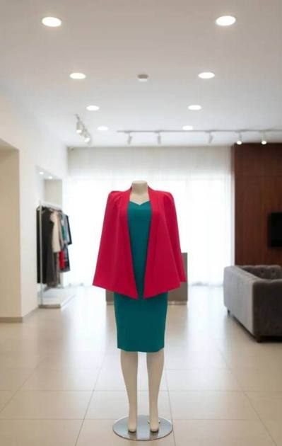 Red cape jacket over teal pencil dress