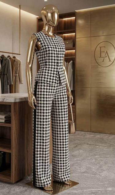 Houndstooth sleeveless top and wide-leg trousers