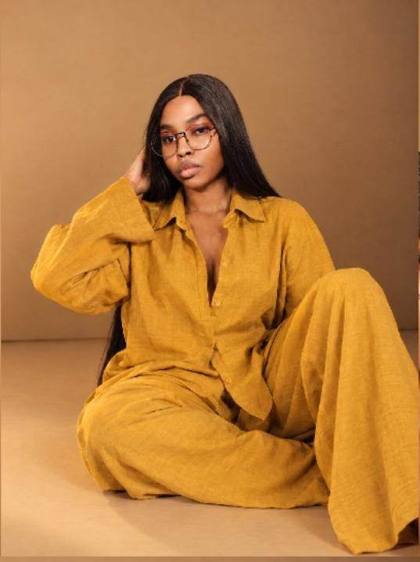 Mustard linen shirt and trousers