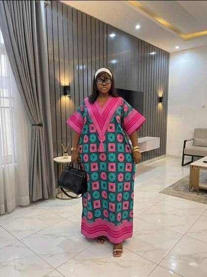 Pink and teal print kaftan with striped trim