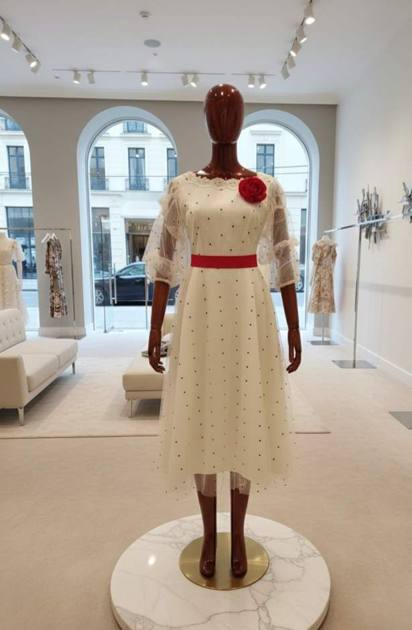 Cream polka-dot tulle dress with red belt and rose