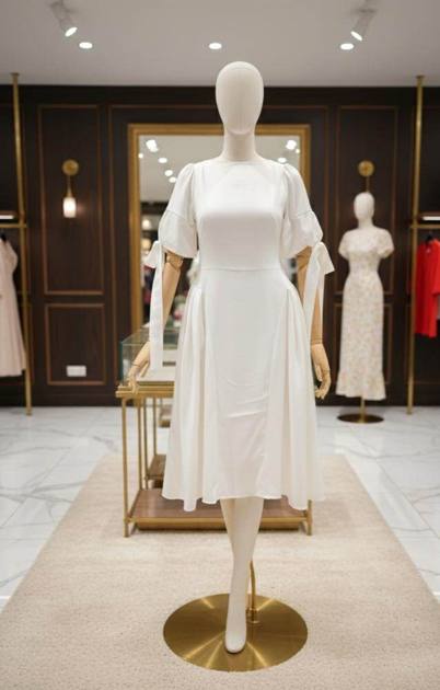 White dress with puff sleeves and ribbon ties