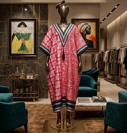 Red printed kaftan with striped neckline and tassel