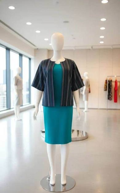 Navy striped jacket over teal dress