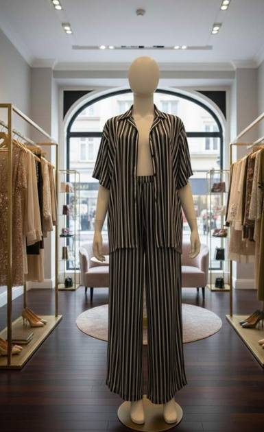 Striped shirt and wide-leg trousers