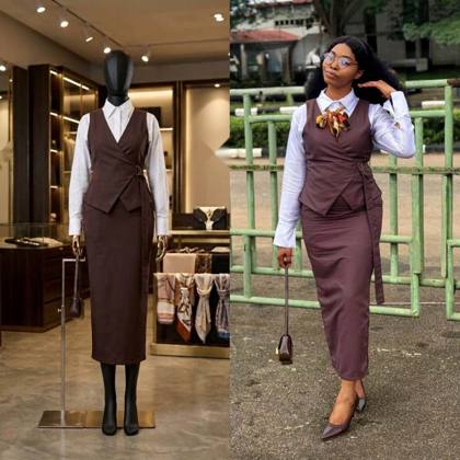 Brown vest set on mannequin and worn with a white shirt