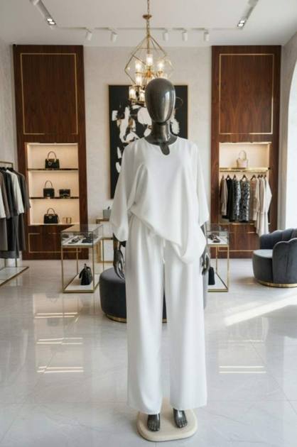 White tunic and wide-leg trousers