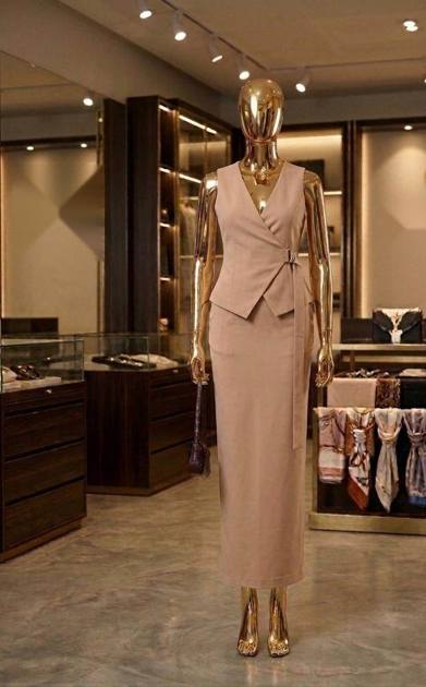 Beige wrap vest and pencil skirt