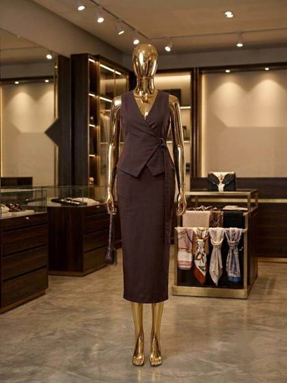 Brown wrap vest and pencil skirt