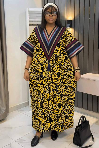 Yellow print kaftan with striped neckline and tassel